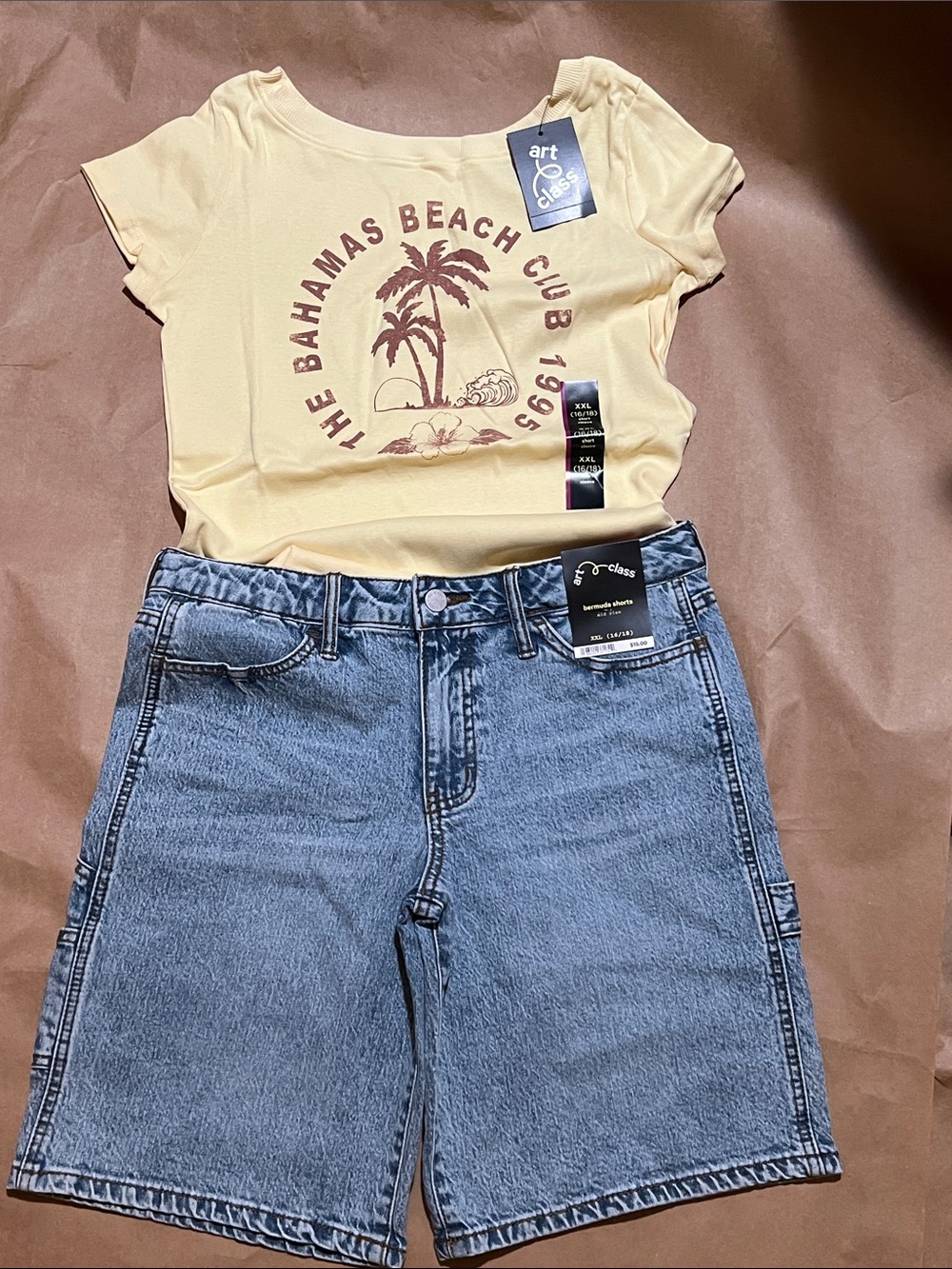 art class Yellow Graphic Bahamas Beach Club Tee and Carpenter shorts